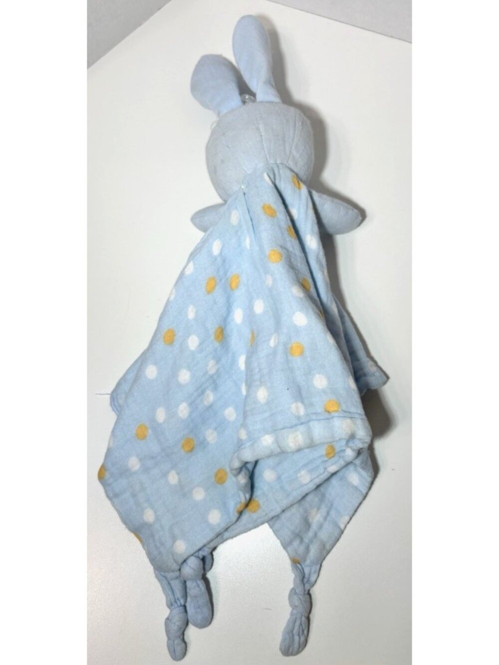 Parent's Choice Blue Muslin Bunny Rabbit Yellow Polka Dot Lovey Security Blanket - Picture 3 of 6